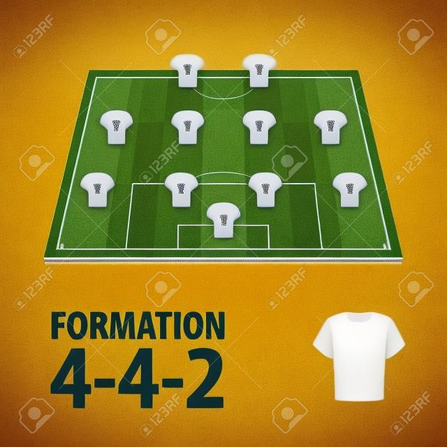 Football players lineups, formation 4-4-2. Soccer half stadium.