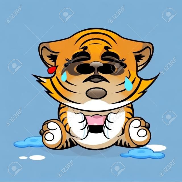 Vector Stock Illustration isolated Emoji character cartoon Tiger cub crying, lot of tears sticker emoticon for site, infographics, video, animation, websites, e-mails, newsletters, reports, comics
