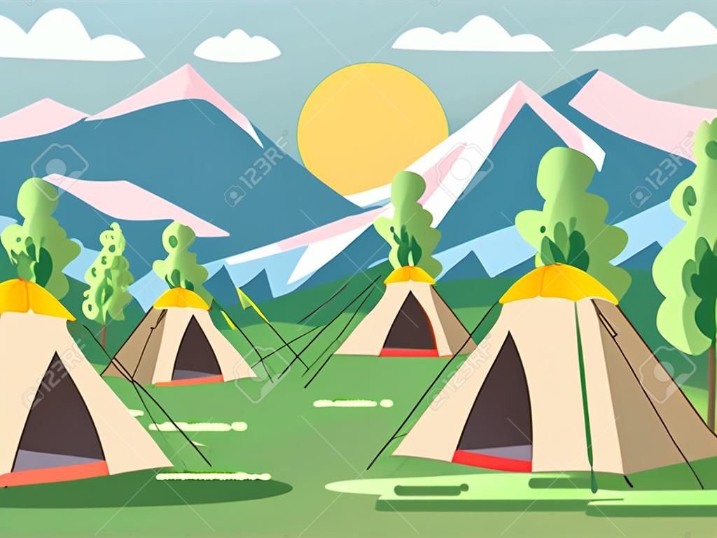 Stock vector illustration cartoon nature national park landscape with three tents camping hiking rules of survival bushes, lawn, trees, daytime sunny day, outdoor background of mountains in flat style