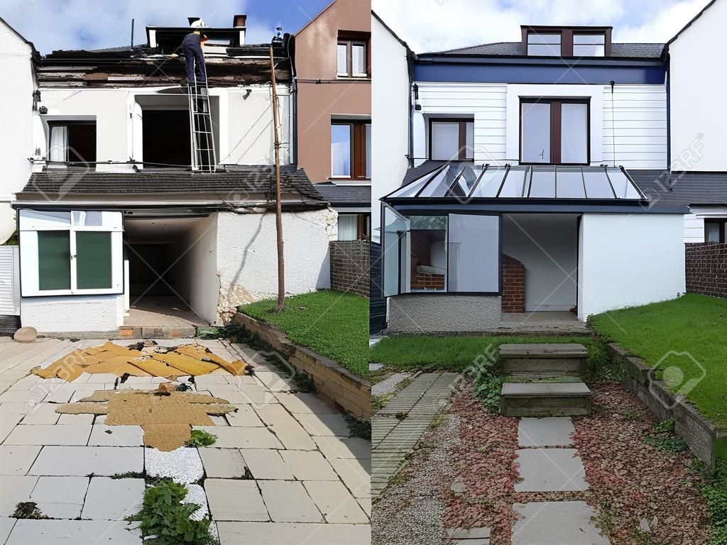 Construção de uma nova peça de casa antiga antes e depois