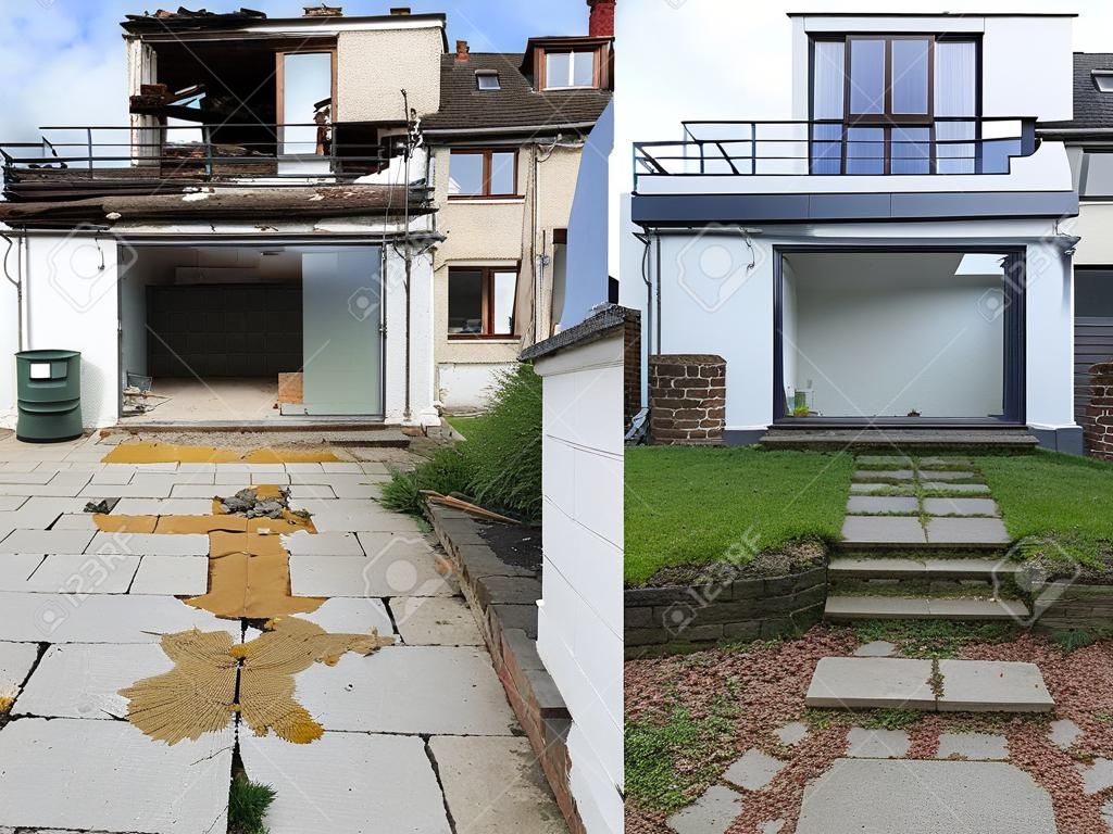Construção de uma nova peça de casa antiga antes e depois