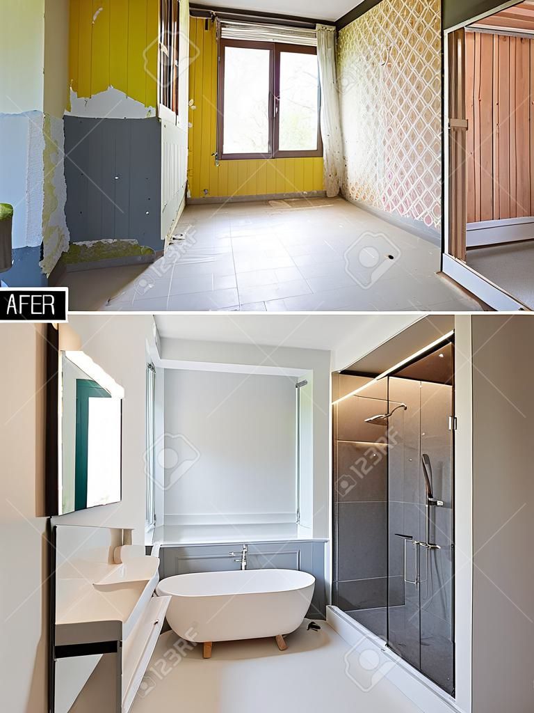 Renovation of a bathroom Before and after in vertical format