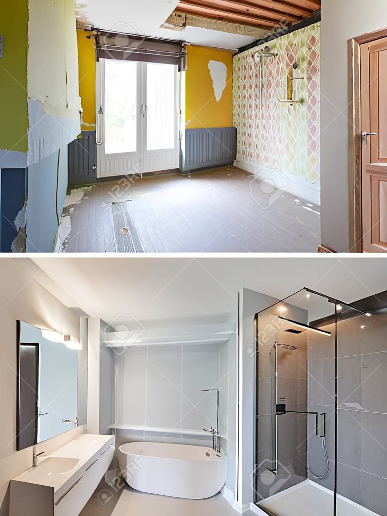 Renovation of a bathroom Before and after in vertical format