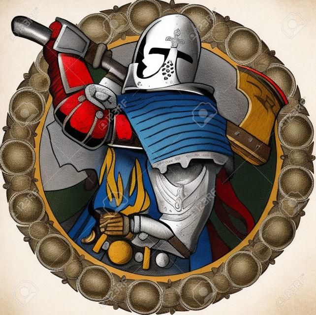 Illustrazione del cavaliere medievale oscillare una scure combattimento