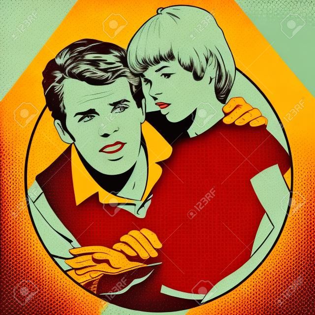 Stock illustration. People in retro style pop art and vintage advertising. Teenager and adult talking.