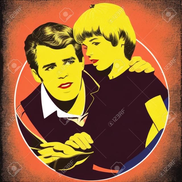 Stock illustration. People in retro style pop art and vintage advertising. Teenager and adult talking.