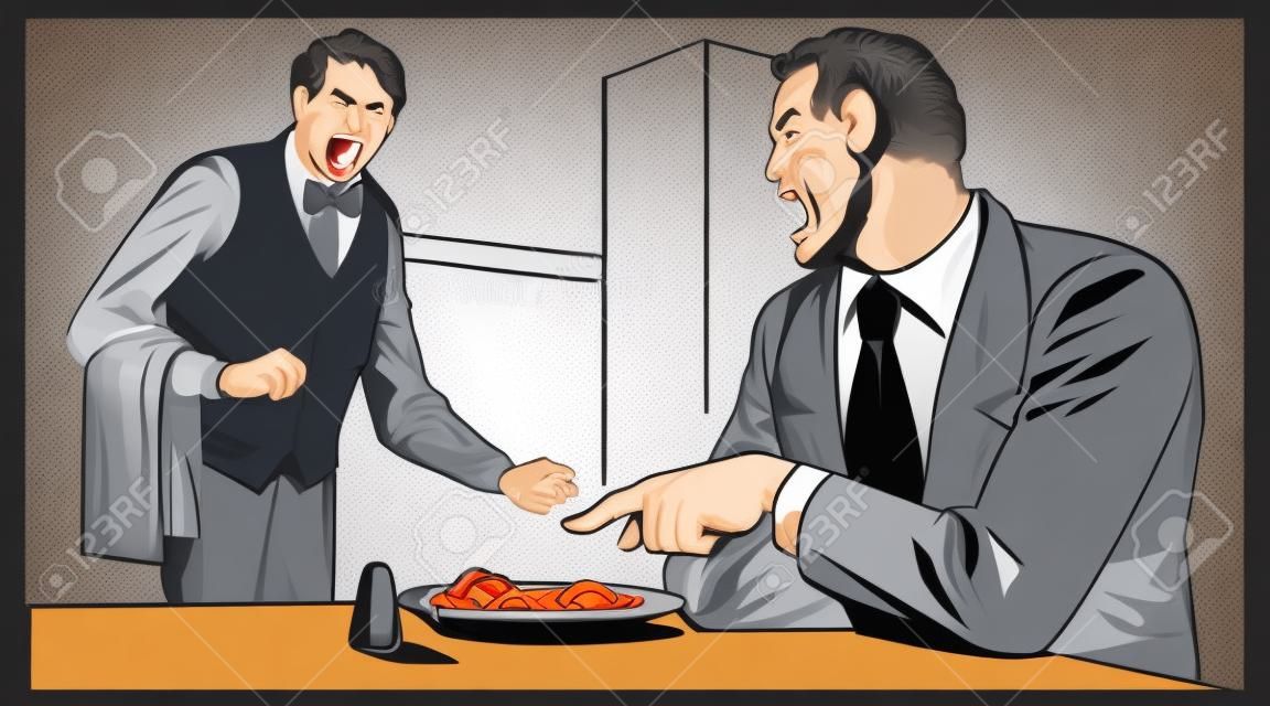 Ilustración de stock. El visitante del restaurante enojado le grita al camarero.