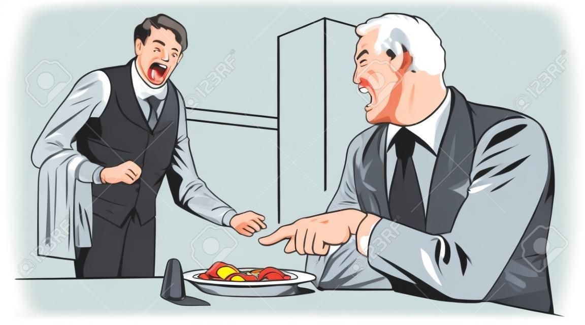 Stock illustration. Angry restaurant visitor shouts at waiter.