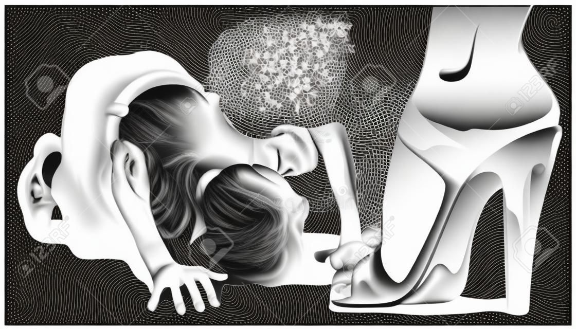 Stock illustration. Man worships woman. Man prays girl feet's.