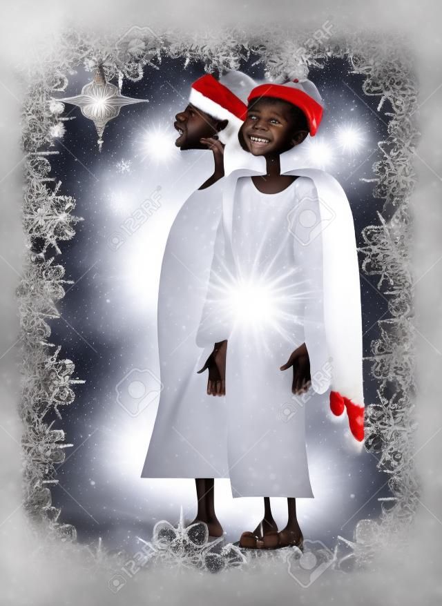 Két afrikai fiúk fehér Báli ruha énekelni karácsonyi dalok