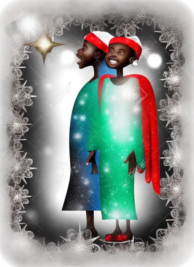 Két afrikai fiúk fehér Báli ruha énekelni karácsonyi dalok