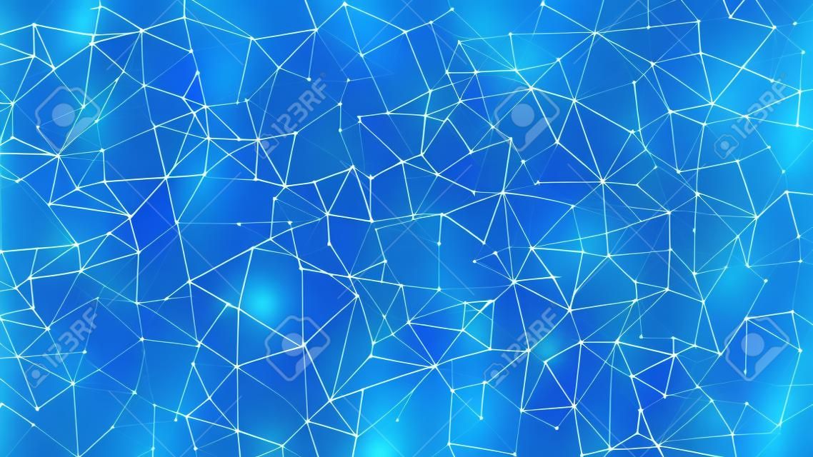 Abstract blue digital background with cybernetic particles, geometric background with triangular cells. Blue digital polygons on dark background. Plexus connected lines motion