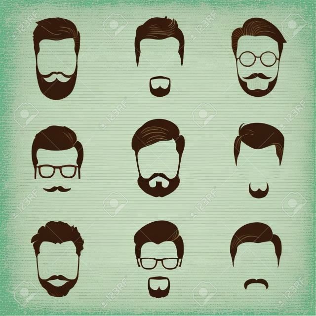 Cheveux hipster, moustaches et barbes. Illustration vectorielle de style hipster.
