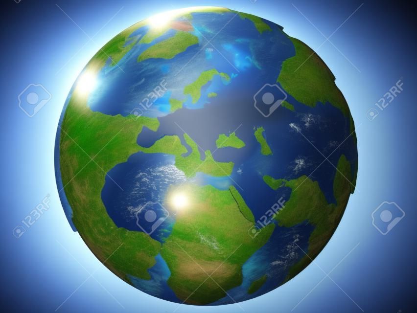 Planeten Erde Globus. 3D übertragen. Europa Ansicht. Auf weißem Hintergrund.
