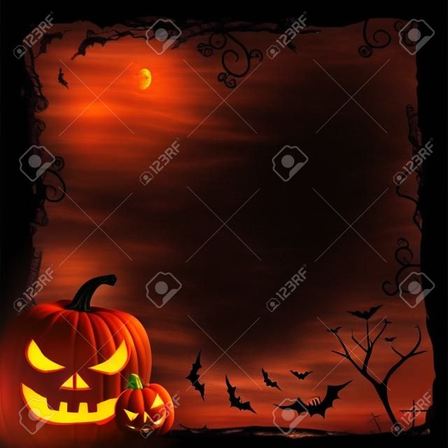 Halloween background with pumpkin, night bat and tree
