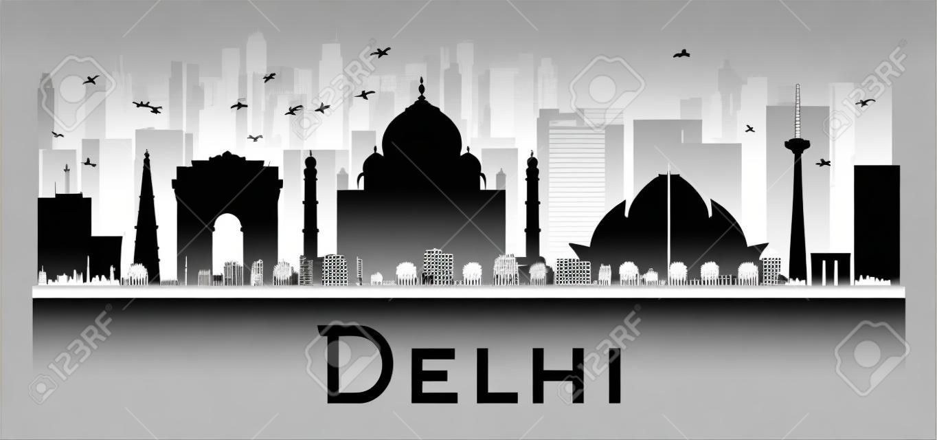 Delhi City skyline czarno-biała sylwetka. ilustracji wektorowych. Prosta koncepcja mieszkanie na prezentacji turystycznej, transparent, afisz lub witryny internetowej. Koncepcja Business Travel. Pejzaż z punktów orientacyjnych
