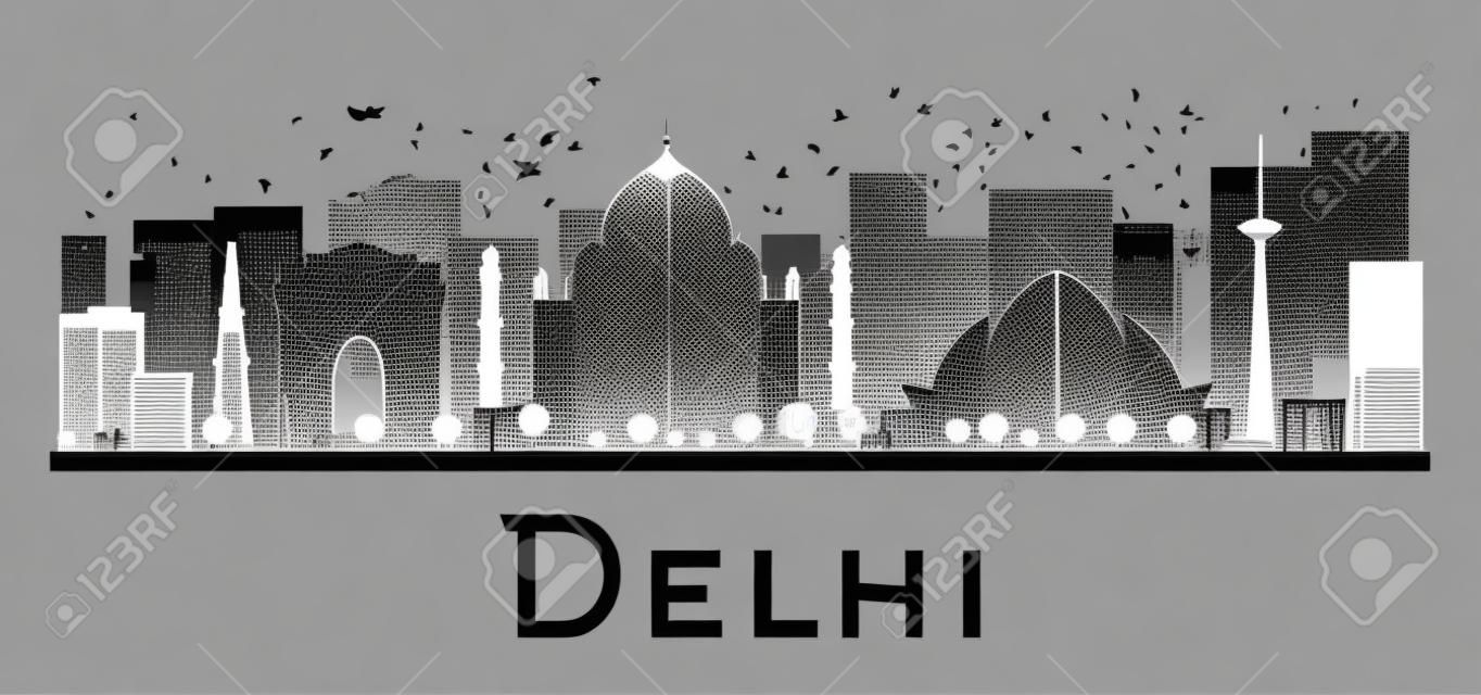 德里市的天際線的黑色和白色的人影。矢量插圖。簡單的平面概念旅遊介紹，橫幅，標語牌或網站。商務旅行的概念。城市景觀與地標