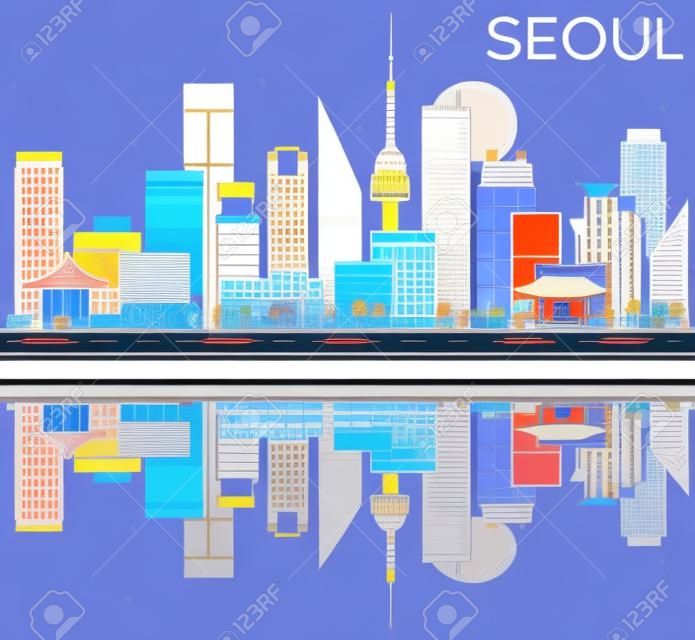 Renkli Binalar, Mavi Gökyüzü ve Yansımalar ile Seul'in Şehri. Vektör illüstrasyonu. Seul Modern Binalar ile İş Seyahat ve Turizm Kavramı. Sunum ve Afiş için Resim.