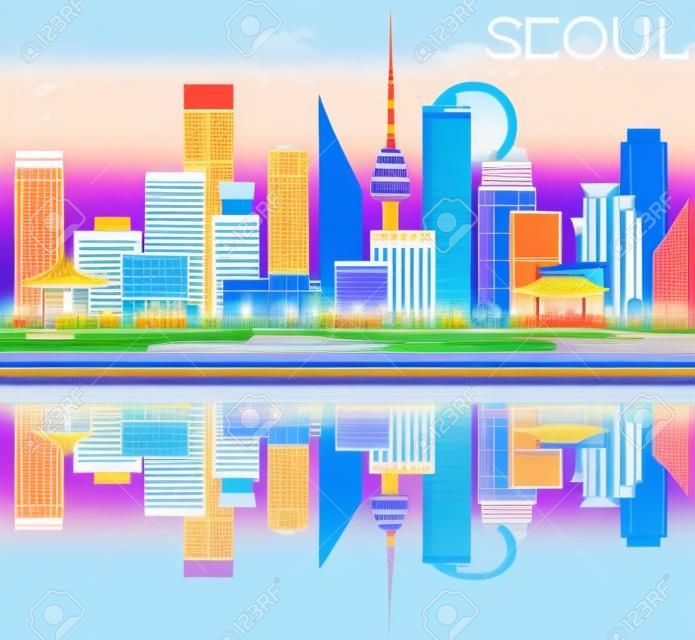 Сеул Skyline с цветовыми зданий, голубое небо и размышления. Векторные иллюстрации. Бизнес Путешествия и туризм Концепция с Сеул современных зданий. Изображение для презентаций и Знамени.