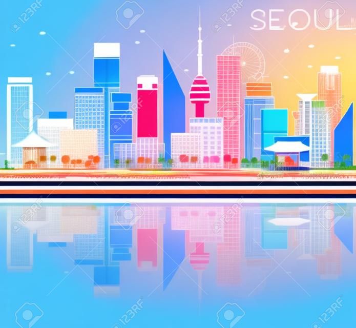 Renkli Binalar, Mavi Gökyüzü ve Yansımalar ile Seul'in Şehri. Vektör illüstrasyonu. Seul Modern Binalar ile İş Seyahat ve Turizm Kavramı. Sunum ve Afiş için Resim.