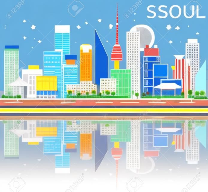 Seoul Skyline with Color Buildings, Blue Sky and Reflections. Vector Illustration. Business Travel and Tourism Concept with Seoul Modern Buildings. Image for Presentation and Banner.