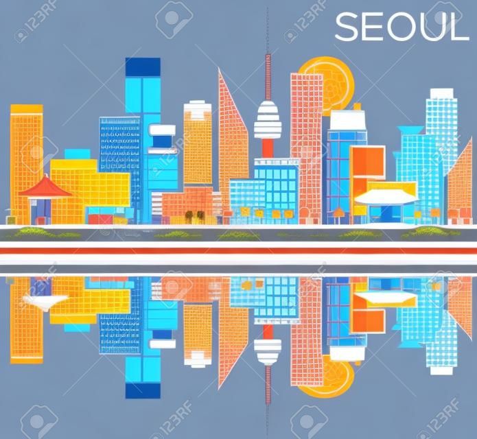 Seoul Skyline with Color Buildings, Blue Sky and Reflections. Vector Illustration. Business Travel and Tourism Concept with Seoul Modern Buildings. Image for Presentation and Banner.