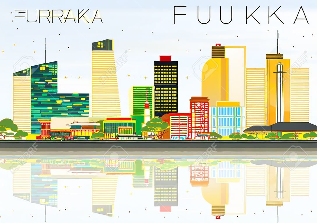 Abstract Fukuoka Skyline with Color Buildings, Blue Sky and Reflections. Vector Illustration. Business Travel and Tourism Concept with Modern Architecture. Image for Presentation Banner Placard and Web Site.