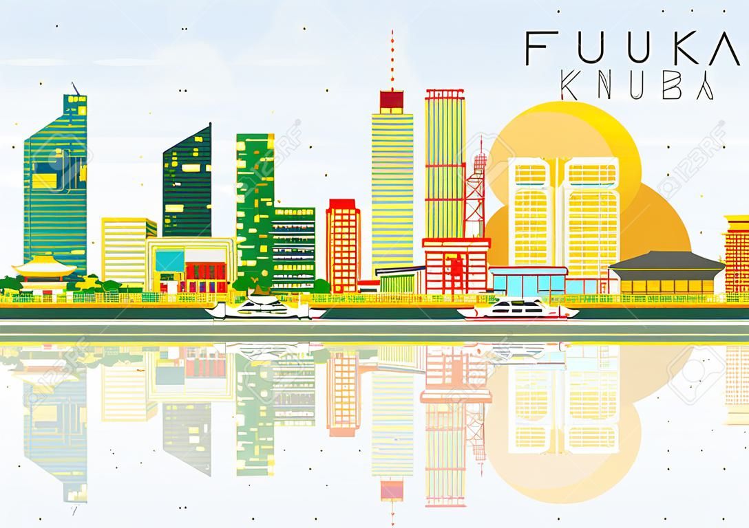 Abstract Fukuoka Skyline with Color Buildings, Blue Sky and Reflections. Vector Illustration. Business Travel and Tourism Concept with Modern Architecture. Image for Presentation Banner Placard and Web Site.