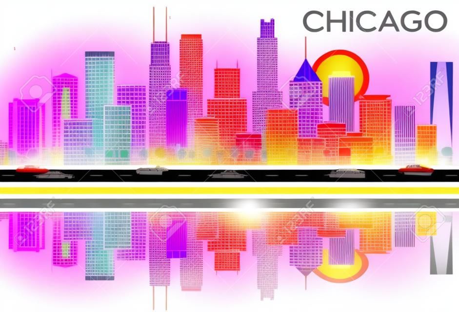 Chicago Skyline with Color Buildings and Reflections. Vector Illustration. Business Travel and Tourism Concept with Modern Architecture. Image for Presentation Banner Placard and Web Site.