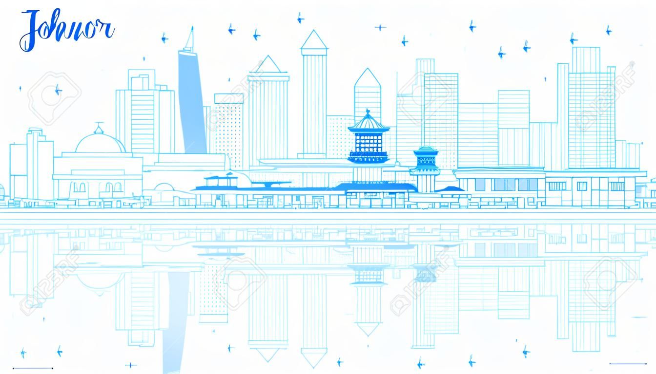 Outline Johor Bahru Malaysia skyline with blue buildings and reflections. Business travel and tourism with modern architecture. Image for presentation banner, placard and web site.