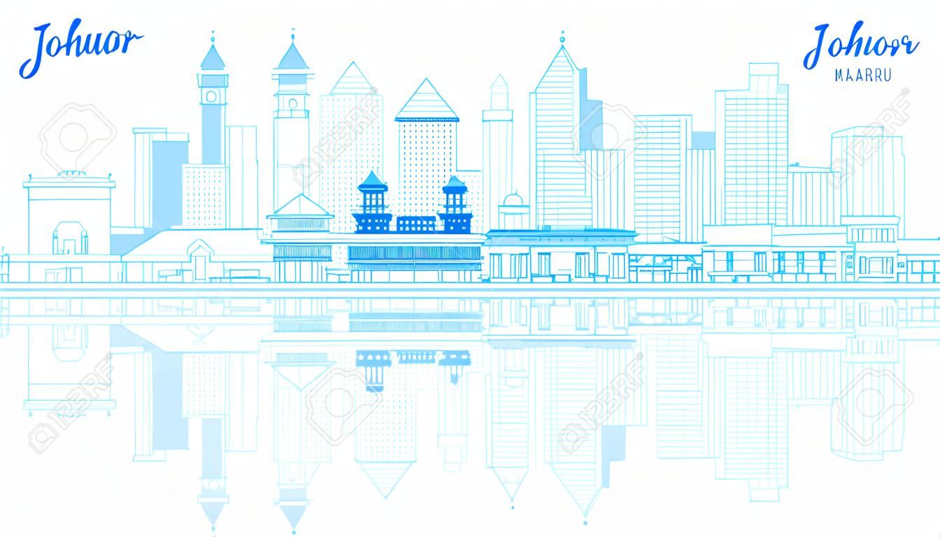 Outline Johor Bahru Malaysia skyline with blue buildings and reflections. Business travel and tourism with modern architecture. Image for presentation banner, placard and web site.