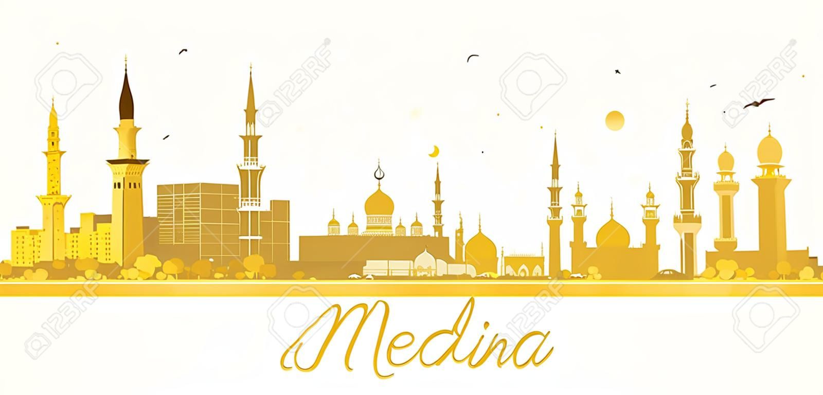 Medina Saudi Arabia City skyline golden silhouette. Vector illustration. Simple flat concept for tourism presentation, banner, placard or web site. Medina Cityscape with landmarks.