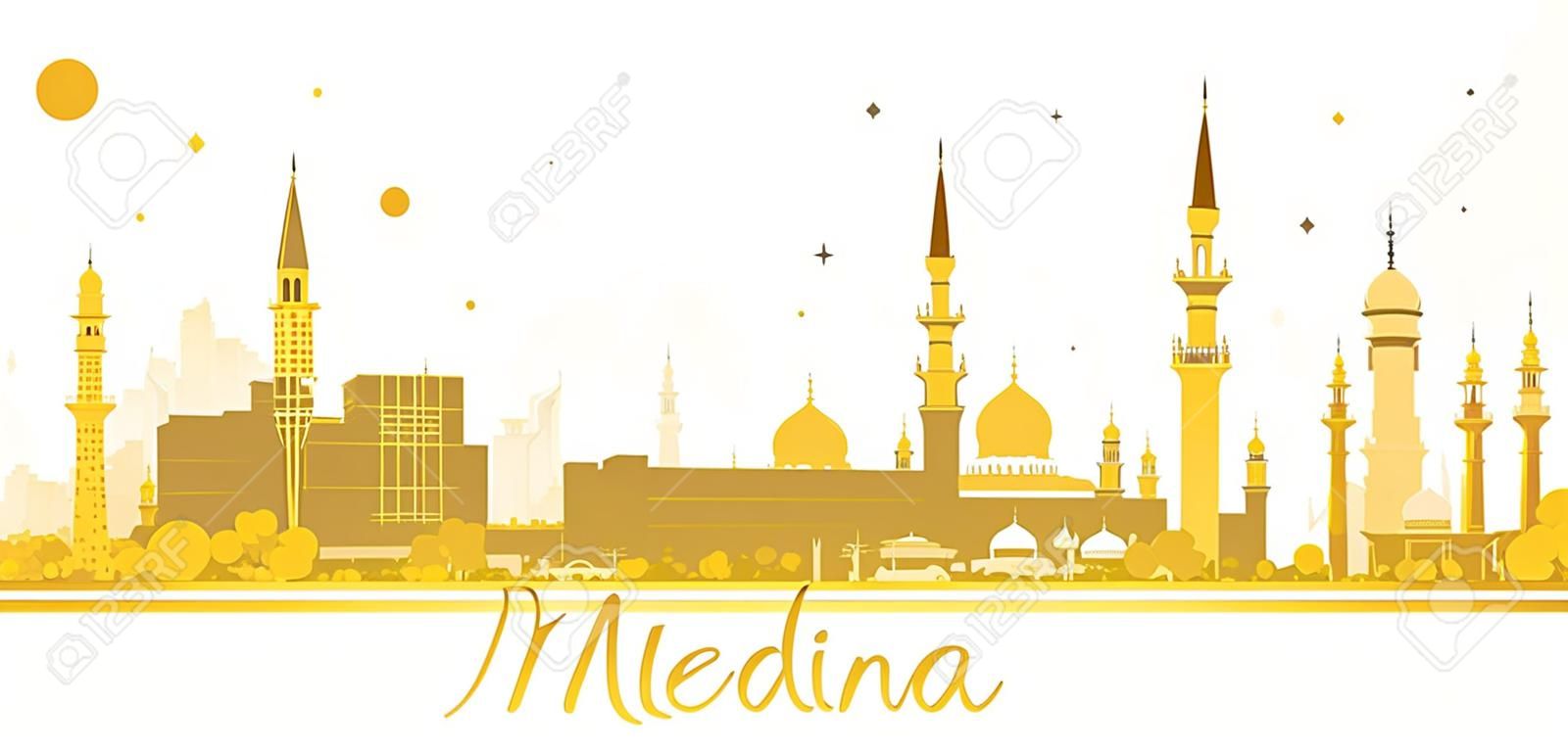 Medina Saudi Arabia City skyline golden silhouette. Vector illustration. Simple flat concept for tourism presentation, banner, placard or web site. Medina Cityscape with landmarks.