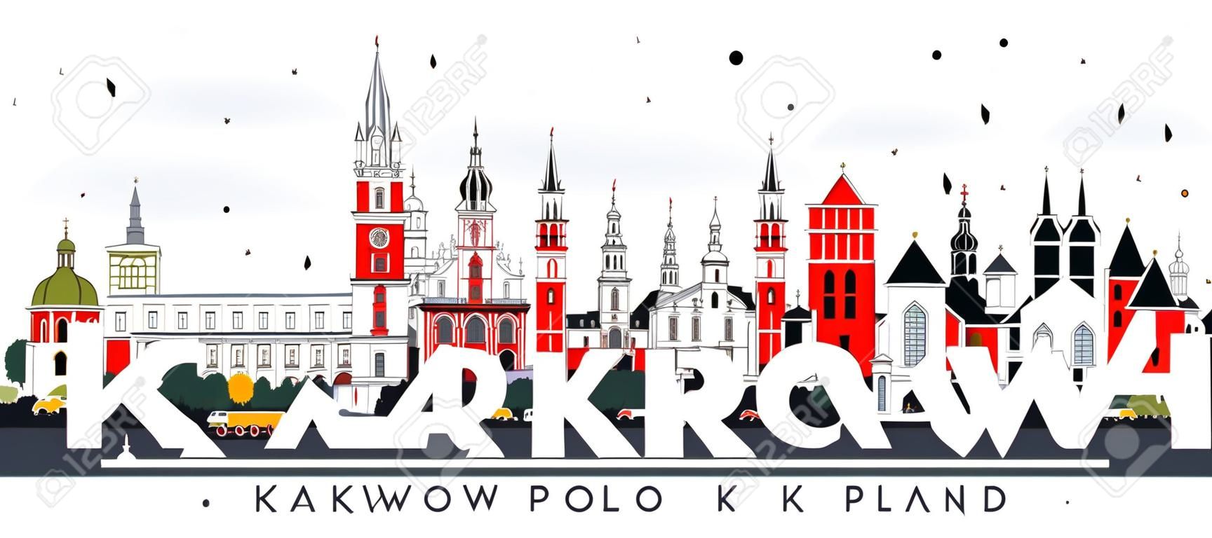 克拉科夫波蘭與在白色隔絕的顏色大廈的市地平線。傳染媒介例證。與歷史的建築學的商務旅遊和旅遊業概念。克拉科夫城市景觀與地標。