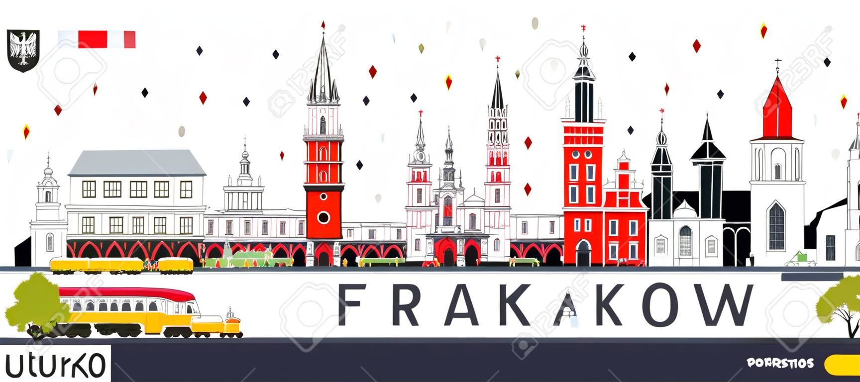 克拉科夫波蘭與在白色隔絕的顏色大廈的市地平線。傳染媒介例證。與歷史的建築學的商務旅遊和旅遊業概念。克拉科夫城市景觀與地標。