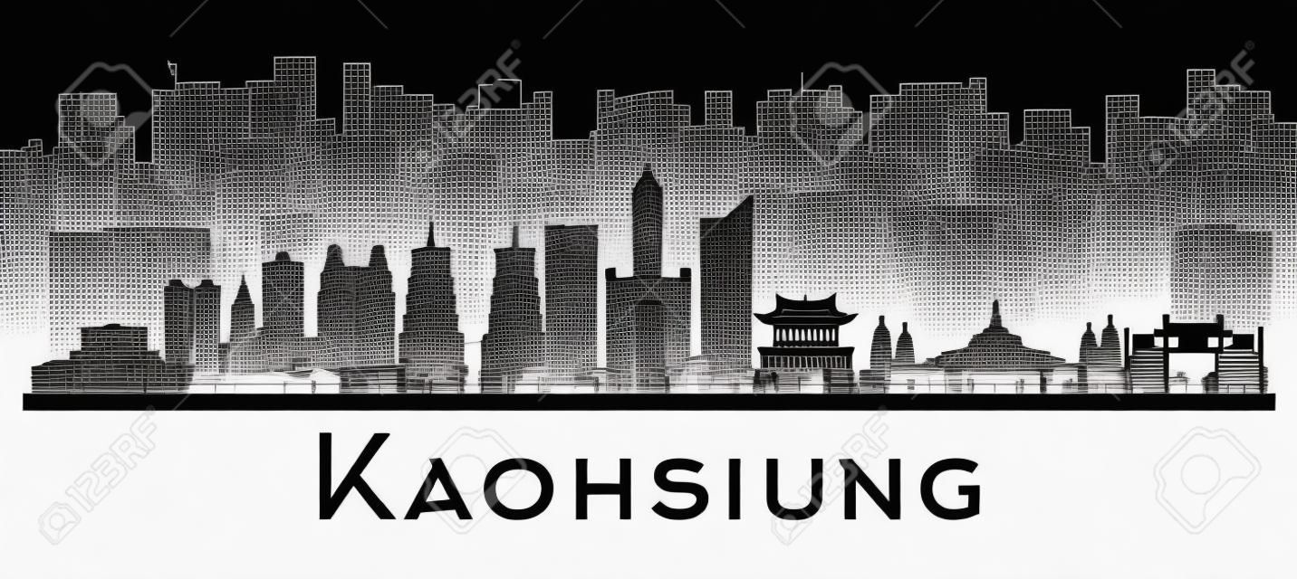 Silhouette d'horizon de la ville de Taiwan avec des bâtiments noirs isolés sur blanc. Illustration vectorielle. Concept de voyage d'affaires et de tourisme avec architecture historique. Paysage urbain de Kaohsiung en Chine avec des points de repère.
