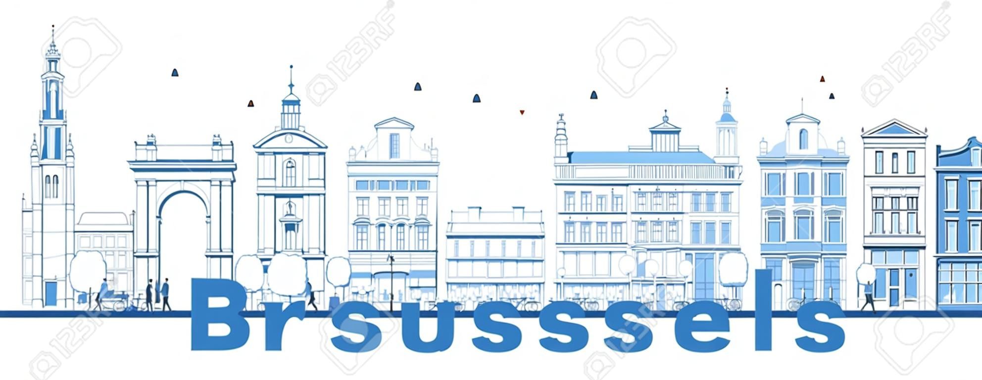 Outline Brussels Belgium City Skyline with Blue Buildings. Vector Illustration. Business Travel and Concept with Historic Architecture. Brussels Cityscape with Landmarks.