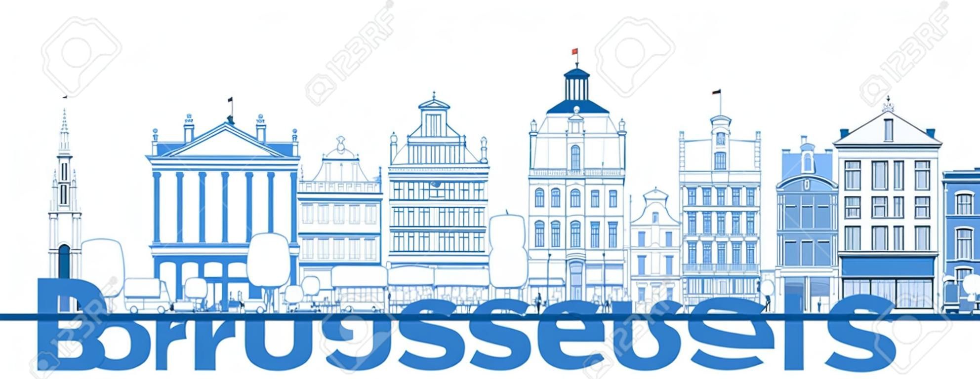 Outline Brussels Belgium City Skyline with Blue Buildings. Vector Illustration. Business Travel and Concept with Historic Architecture. Brussels Cityscape with Landmarks.