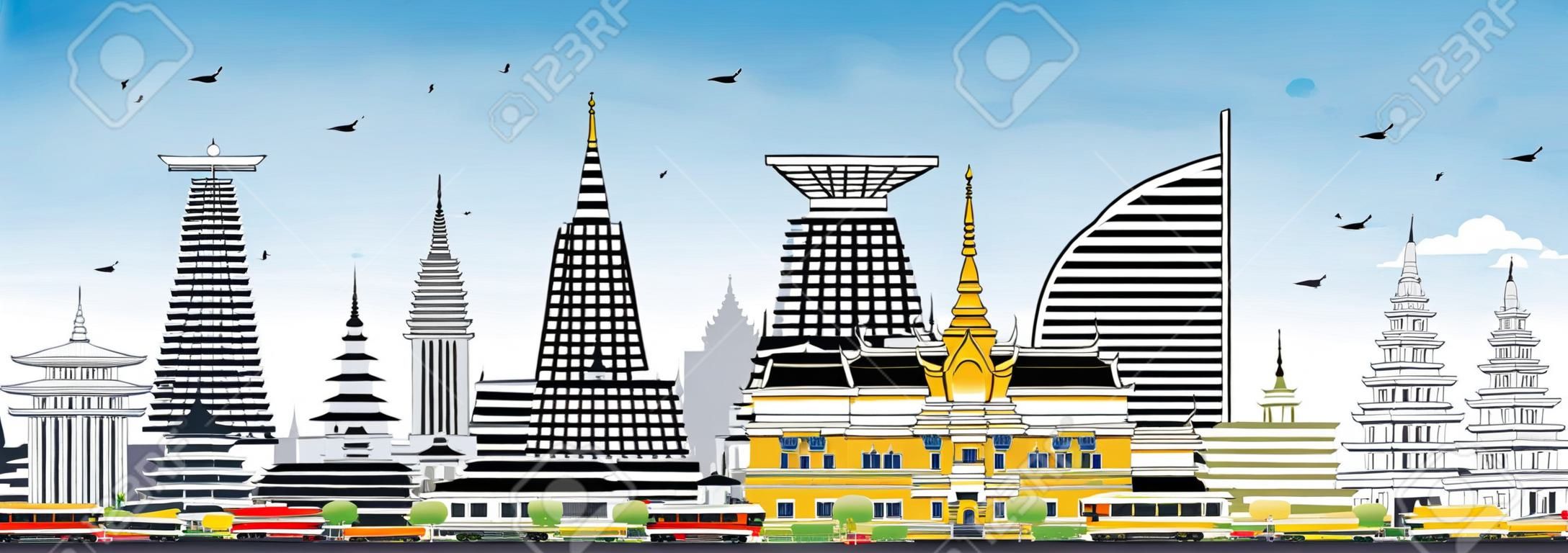 プノンペンカンボジア市スカイラインと色の建物と青空。ベクトル図。歴史的建築を用いてビジネス旅行と観光のコンセプト。ランドマークとプノンペン市街並み。
