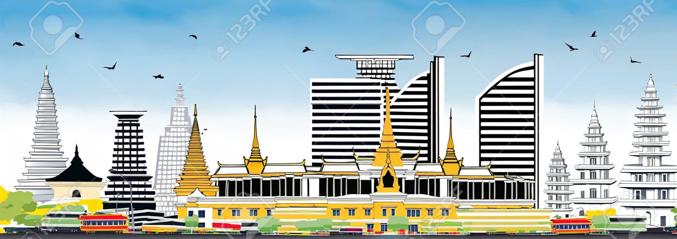 プノンペンカンボジア市スカイラインと色の建物と青空。ベクトル図。歴史的建築を用いてビジネス旅行と観光のコンセプト。ランドマークとプノンペン市街並み。