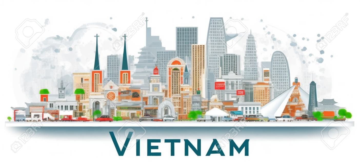 Vietnam City Skyline with Gray Buildings Isolated on White. Vector Illustration. Tourism Concept with Historic Architecture. Vietnam Cityscape with Landmarks. Hanoi. Ho Chi Minh. Haiphong. Da Nang.