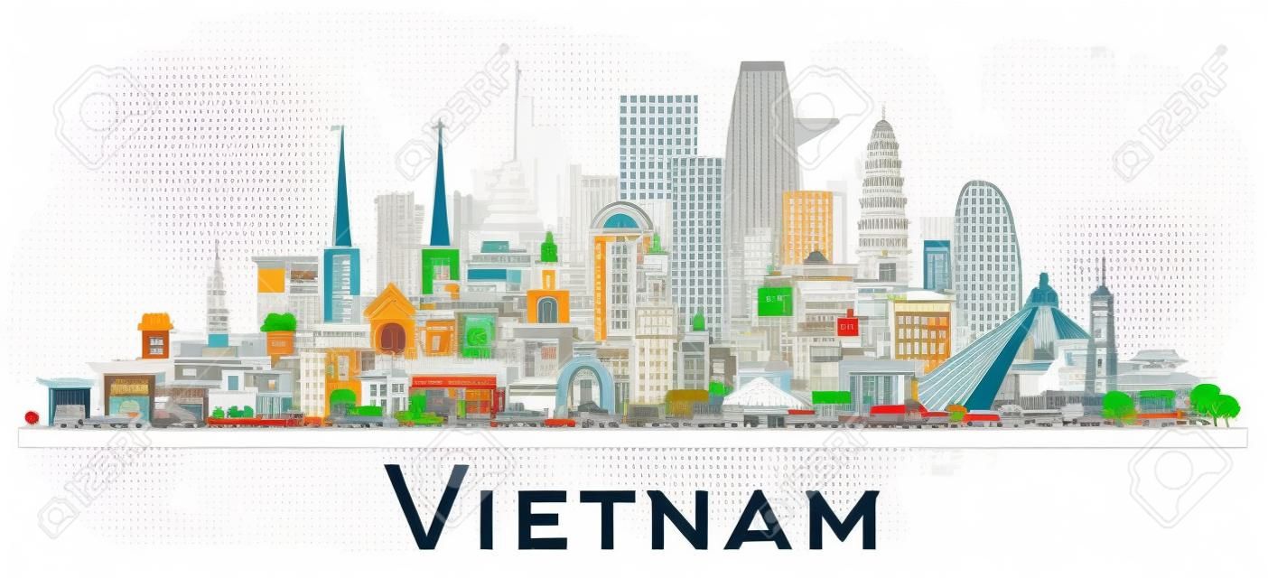 Vietnam City Skyline with Gray Buildings Isolated on White. Vector Illustration. Tourism Concept with Historic Architecture. Vietnam Cityscape with Landmarks. Hanoi. Ho Chi Minh. Haiphong. Da Nang.