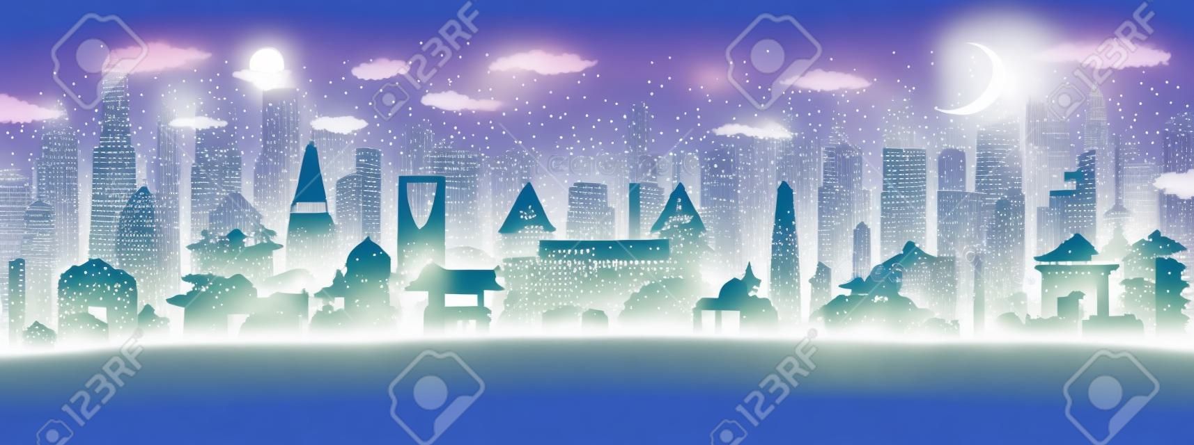 Asia City Skyline en papier découpé avec flocons de neige, lune et guirlande de néon. Illustration vectorielle. Concept de Noël et du nouvel an. Père Noël sur traîneau.