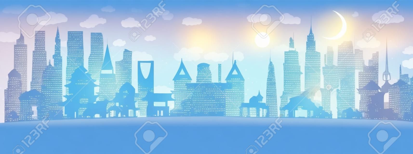 Asia City Skyline en papier découpé avec flocons de neige, lune et guirlande de néon. Illustration vectorielle. Concept de Noël et du nouvel an. Père Noël sur traîneau.