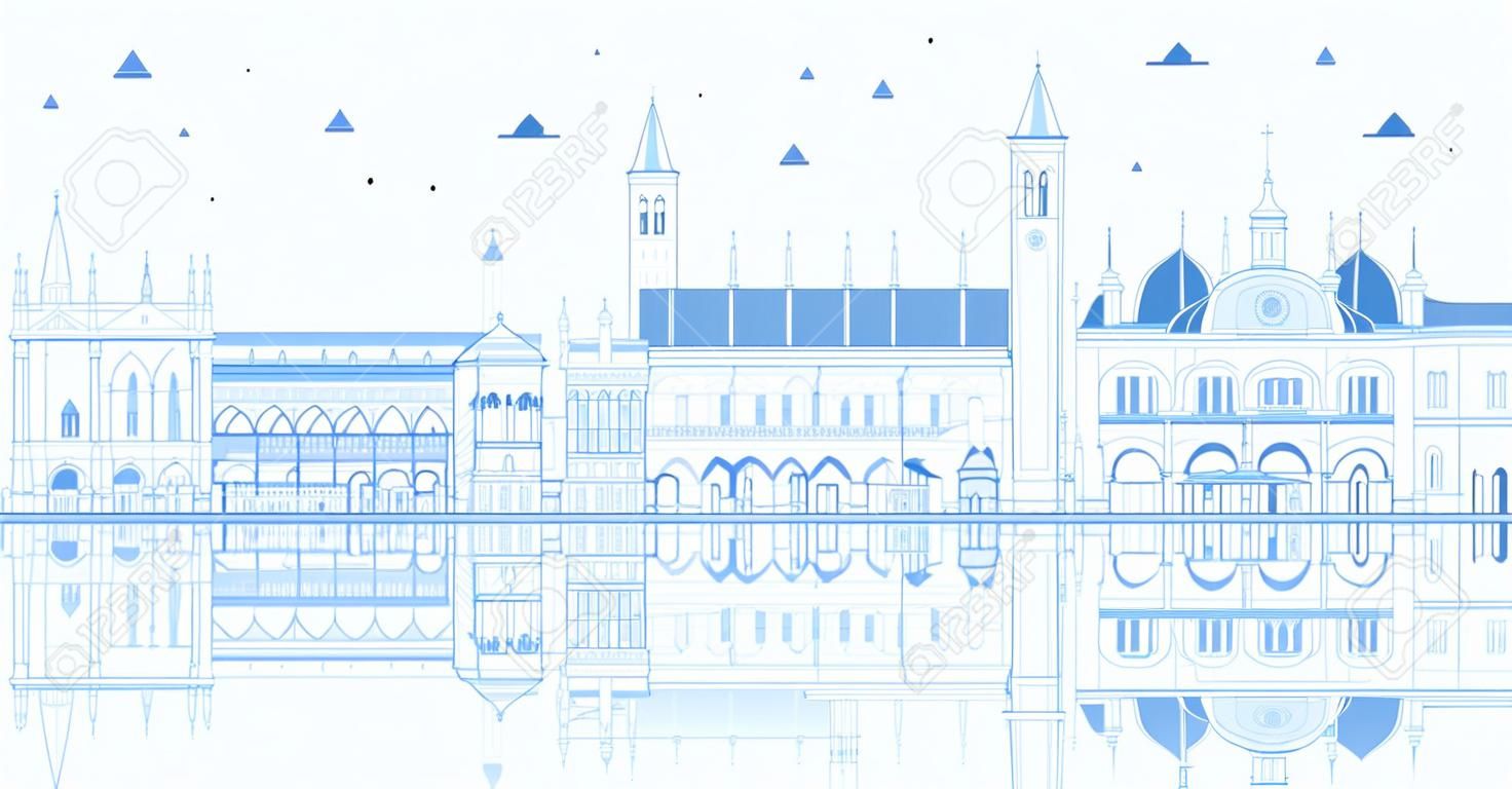 Outline Padua Italy City Skyline with Blue Buildings and Reflections. Vector Illustration. Business Travel and Concept with Historic Architecture. Padua Cityscape with Landmarks.
