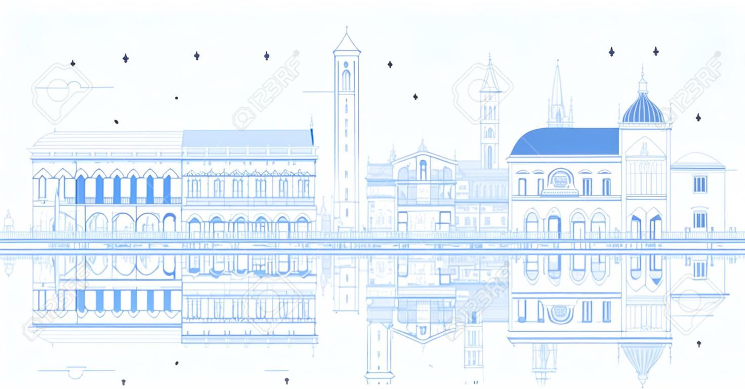 Outline Padua Italy City Skyline with Blue Buildings and Reflections. Vector Illustration. Business Travel and Concept with Historic Architecture. Padua Cityscape with Landmarks.