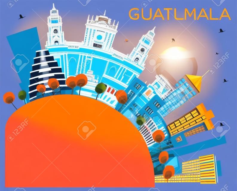 Horizonte de la ciudad de Guatemala con edificios de color, cielo azul y espacio de copia. Ilustración de vector. Concepto de turismo y viajes de negocios con arquitectura moderna. Paisaje urbano de Guatemala con hitos.