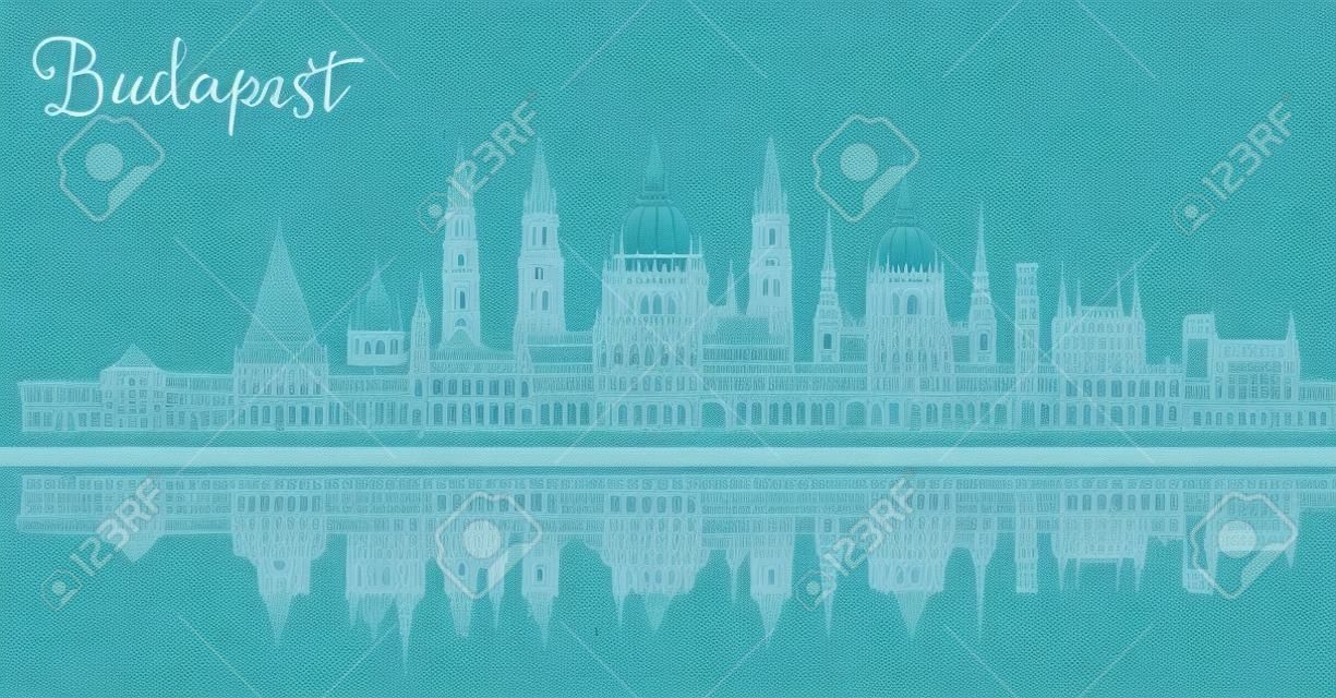Outline Budapest Hungary City Skyline with Blue Buildings and Reflections. Illustration. Business Travel and Tourism Concept with Historic Architecture. Budapest Cityscape with Landmarks.