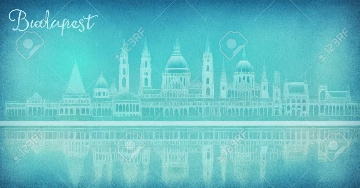 Outline Budapest Hungary City Skyline with Blue Buildings and Reflections. Illustration. Business Travel and Tourism Concept with Historic Architecture. Budapest Cityscape with Landmarks.