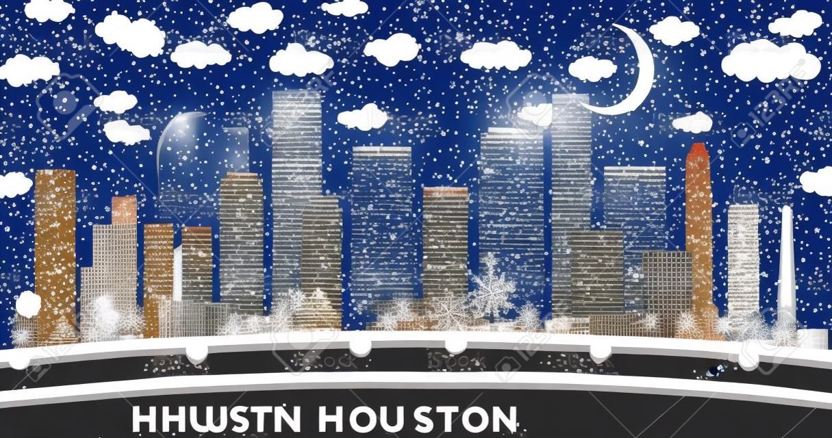 Houston Texas USA City Skyline in Paper Cut Style with Snowflakes, Moon and Neon Garland. Vector Illustration. Christmas and New Year Concept. Santa Claus on Sleigh.